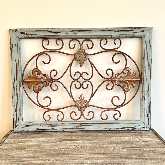 Rustic Metal & Wood Wall Art - Light Teal - Bronze Metallic - Picture 3 of 4